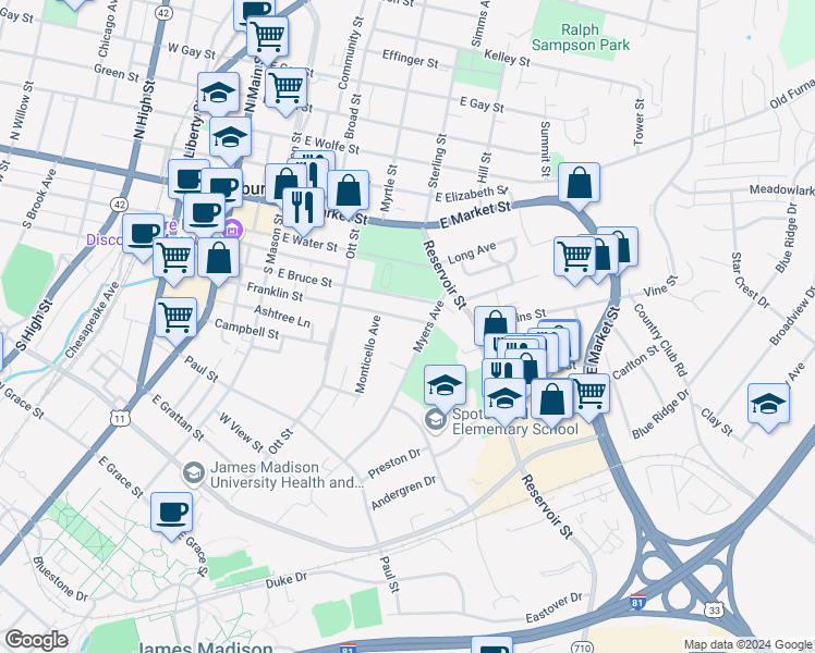 map of restaurants, bars, coffee shops, grocery stores, and more near 391 Franklin Street in Harrisonburg