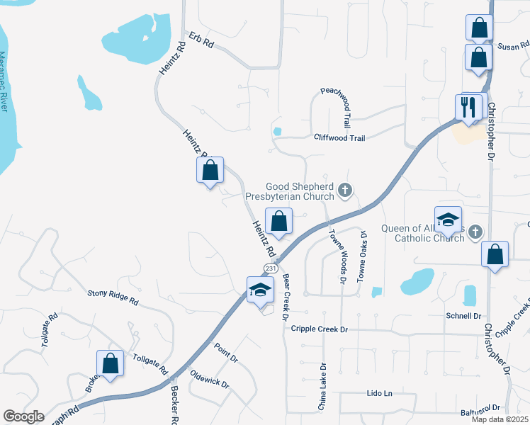 map of restaurants, bars, coffee shops, grocery stores, and more near 6534 Heintz Road in St. Louis
