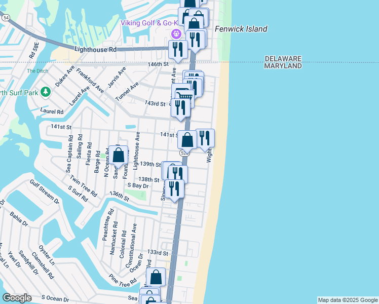 map of restaurants, bars, coffee shops, grocery stores, and more near 14000 Coastal Highway in Ocean City