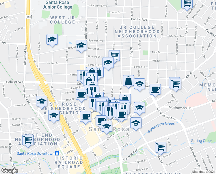 map of restaurants, bars, coffee shops, grocery stores, and more near 614 Orchard Street in Santa Rosa