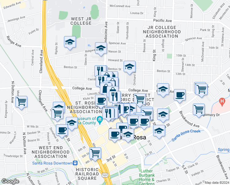 map of restaurants, bars, coffee shops, grocery stores, and more near 613 Cherry Street in Santa Rosa