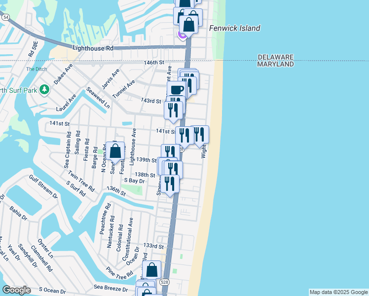 map of restaurants, bars, coffee shops, grocery stores, and more near 13902 Coastal Highway in Ocean City