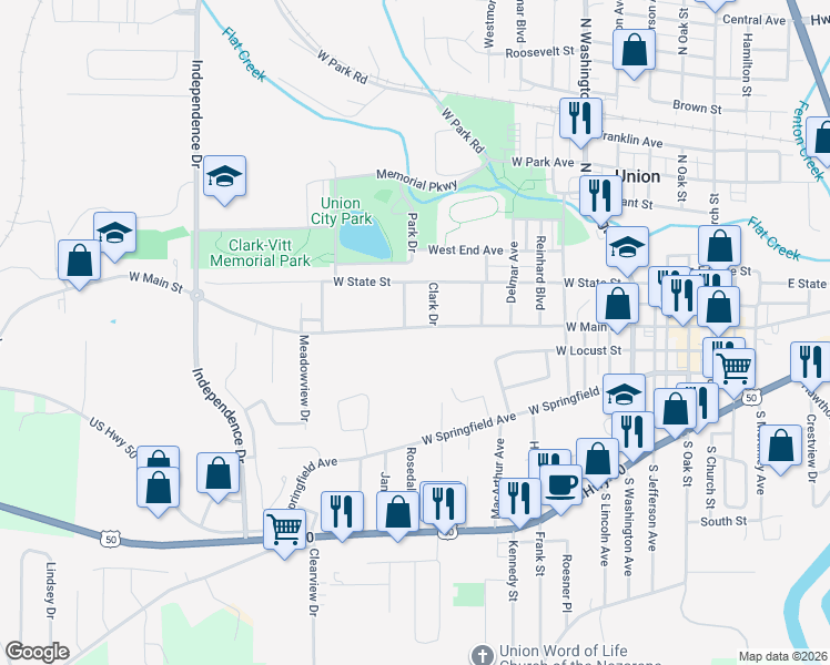 map of restaurants, bars, coffee shops, grocery stores, and more near 700 West Main Street in Union