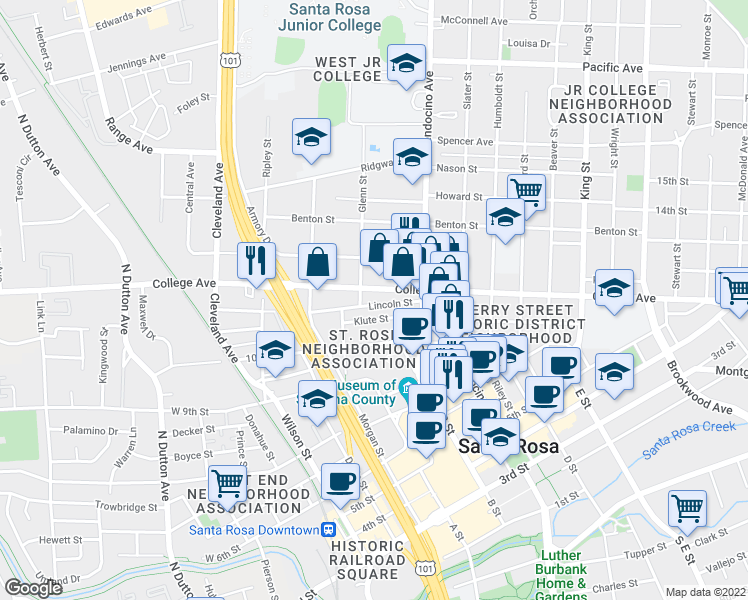 map of restaurants, bars, coffee shops, grocery stores, and more near 417 Lincoln Street in Santa Rosa