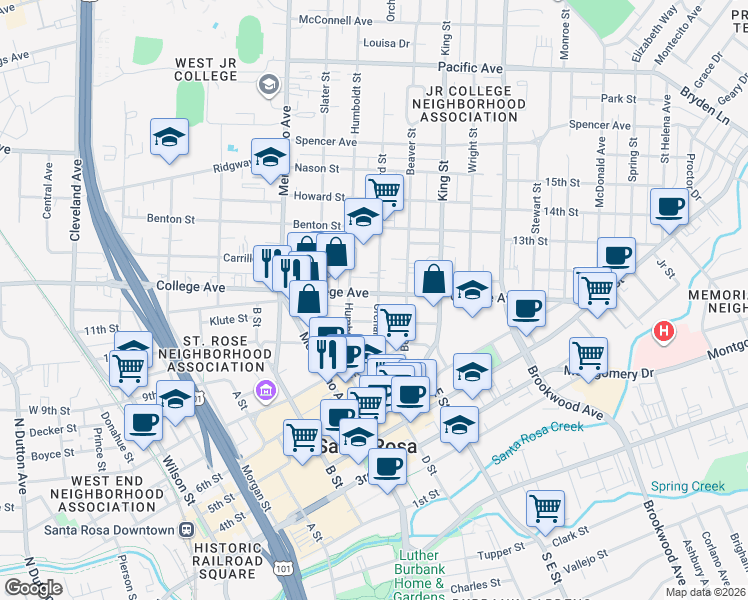 map of restaurants, bars, coffee shops, grocery stores, and more near 726 College Avenue in Santa Rosa