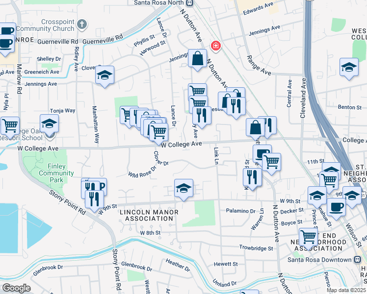 map of restaurants, bars, coffee shops, grocery stores, and more near 784 Zuur Street in Santa Rosa