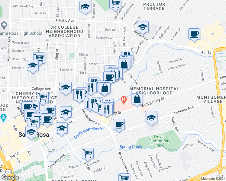 map of restaurants, bars, coffee shops, grocery stores, and more near 122 Leland Court in Santa Rosa