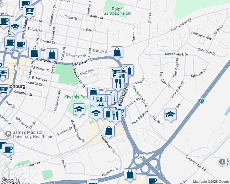 map of restaurants, bars, coffee shops, grocery stores, and more near 609 Norwood Street in Harrisonburg