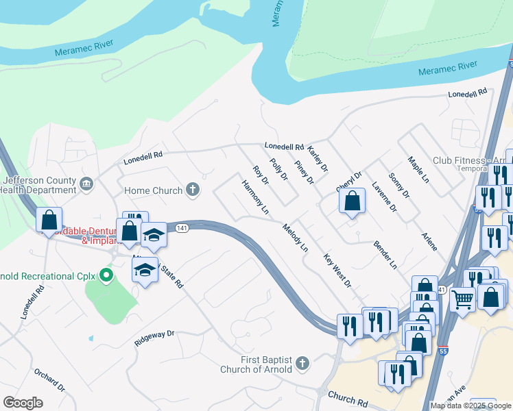 map of restaurants, bars, coffee shops, grocery stores, and more near 1754 Melody Lane in Arnold