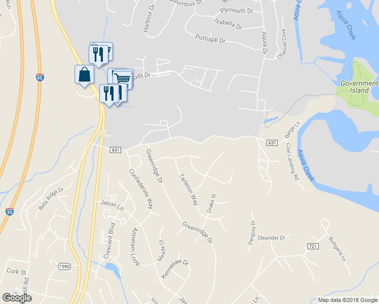 map of restaurants, bars, coffee shops, grocery stores, and more near 18 Knightsbridge Way in Stafford