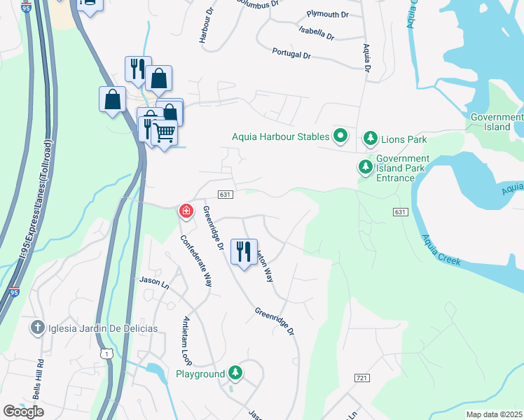 map of restaurants, bars, coffee shops, grocery stores, and more near 18 Knightsbridge Way in Stafford