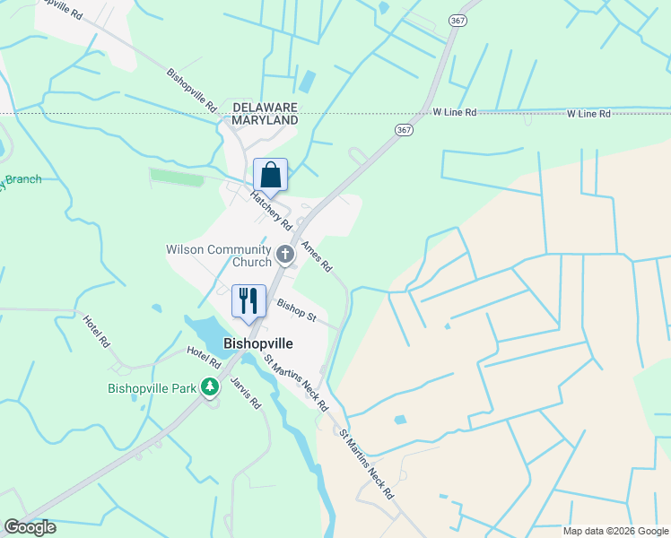 map of restaurants, bars, coffee shops, grocery stores, and more near 13214 Ames Road in Bishopville