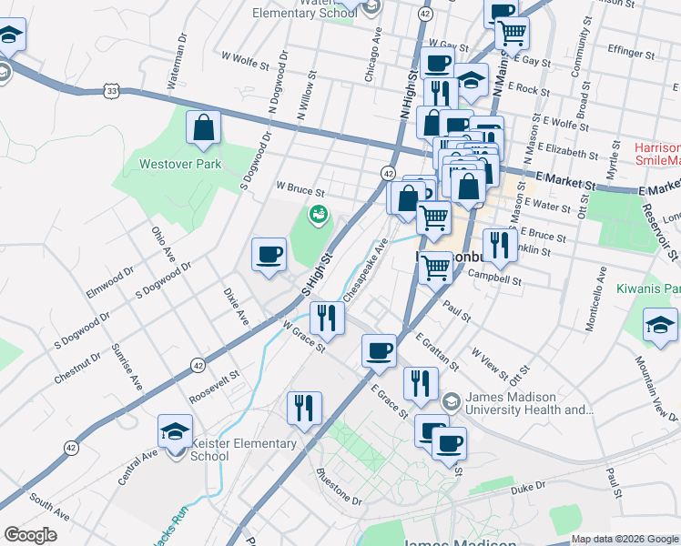 map of restaurants, bars, coffee shops, grocery stores, and more near 382 Old S High Street in Harrisonburg