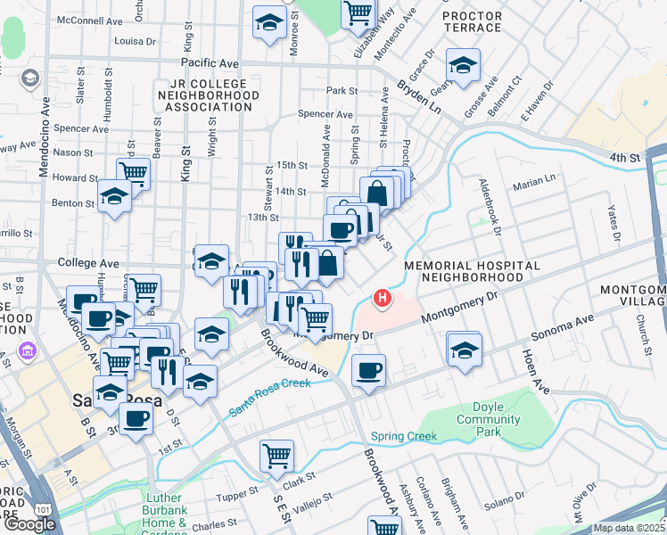map of restaurants, bars, coffee shops, grocery stores, and more near 117 Leland Street in Santa Rosa