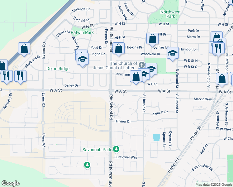 map of restaurants, bars, coffee shops, grocery stores, and more near 1385 Estates Drive in Dixon