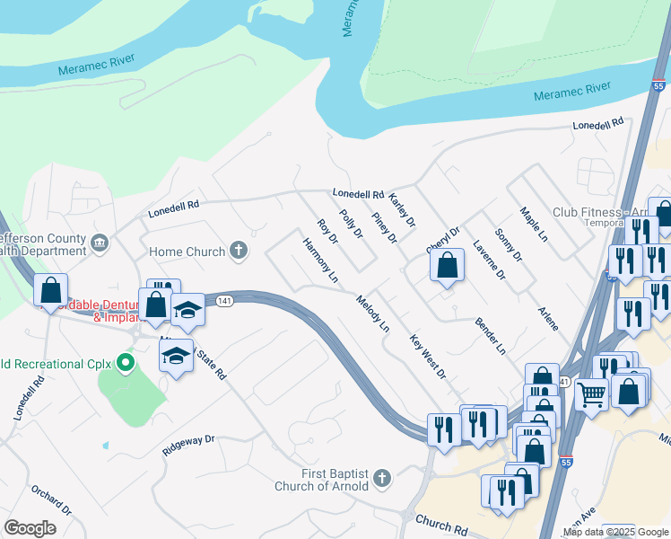 map of restaurants, bars, coffee shops, grocery stores, and more near 1764 Harmony Lane in Arnold