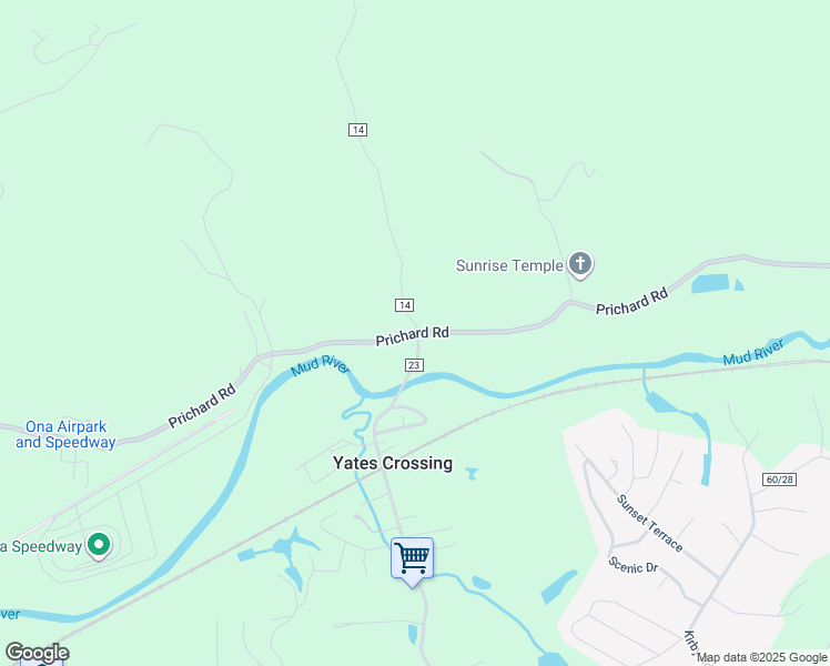 map of restaurants, bars, coffee shops, grocery stores, and more near Prichard Road in Ona