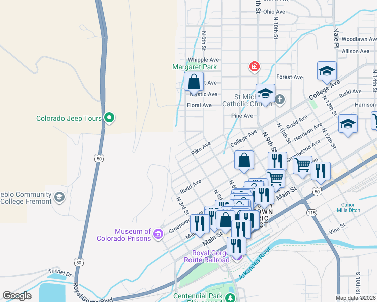 map of restaurants, bars, coffee shops, grocery stores, and more near 625 North 5th Street in Cañon City