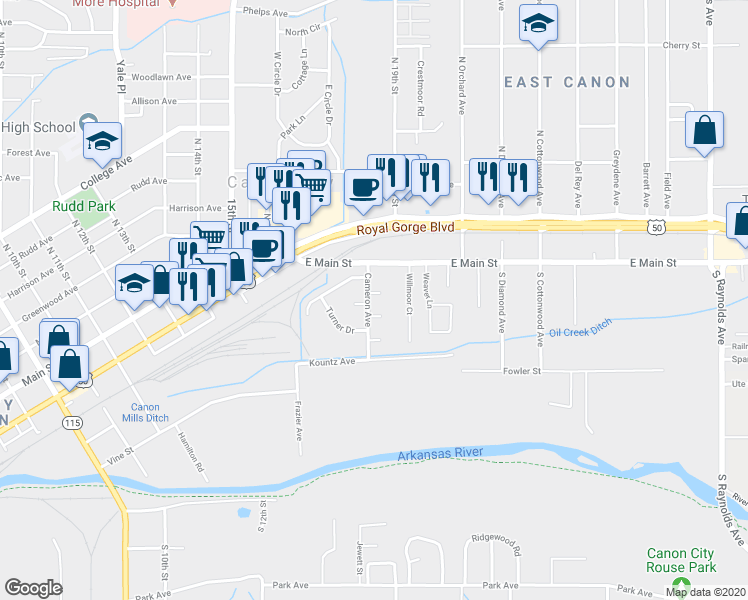 map of restaurants, bars, coffee shops, grocery stores, and more near 180 Hurliman Court in Cañon City