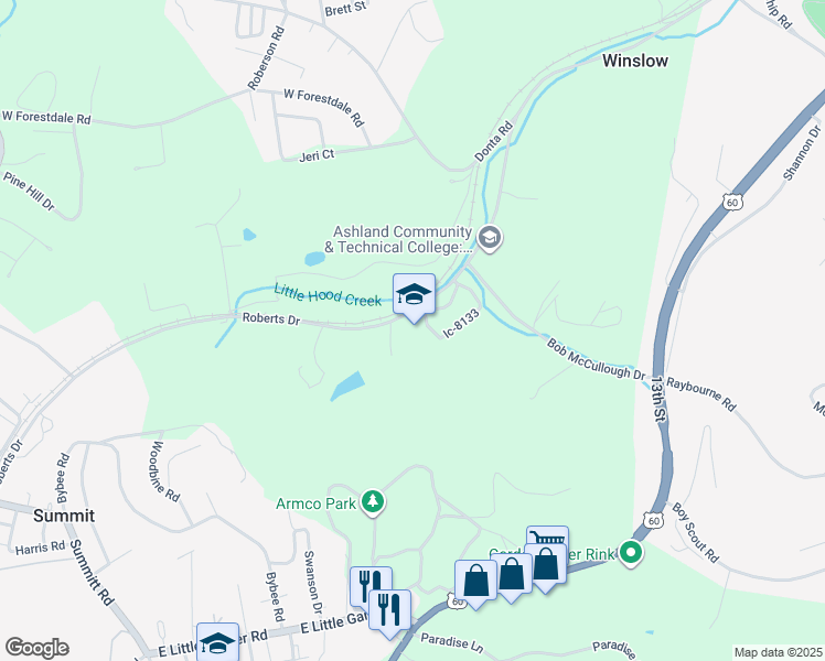 map of restaurants, bars, coffee shops, grocery stores, and more near 4818 Roberts Drive in Ashland
