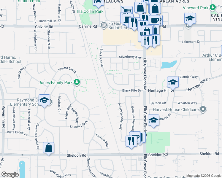 map of restaurants, bars, coffee shops, grocery stores, and more near 8790 Owlet Court in Elk Grove