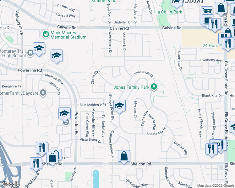 map of restaurants, bars, coffee shops, grocery stores, and more near 8577 Baneberry Court in Elk Grove