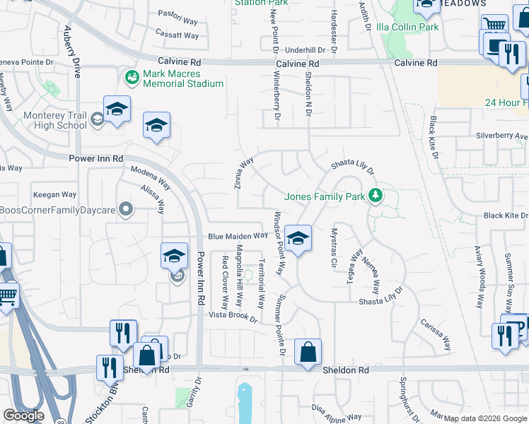 map of restaurants, bars, coffee shops, grocery stores, and more near 8415 Zinnia Way in Elk Grove