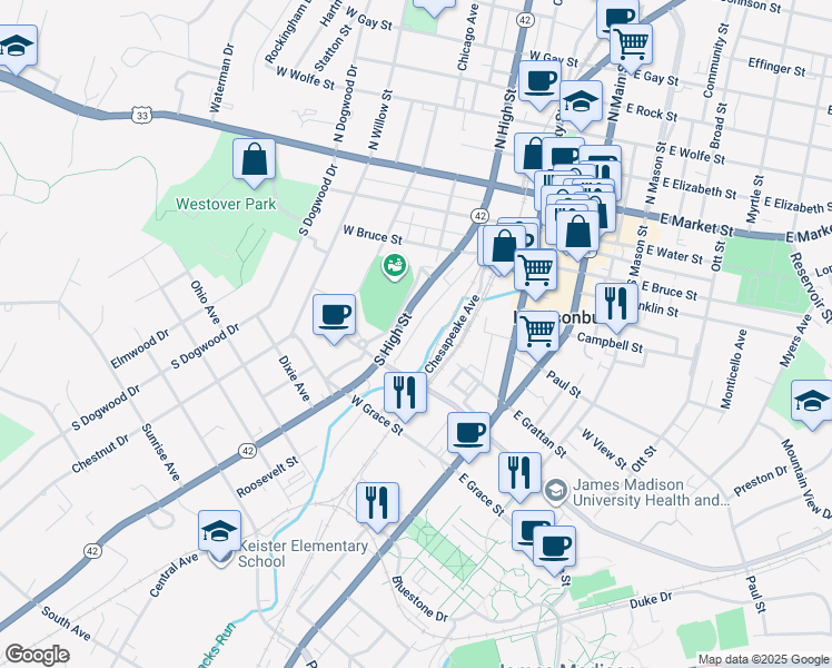 map of restaurants, bars, coffee shops, grocery stores, and more near 314 Old S High Street in Harrisonburg