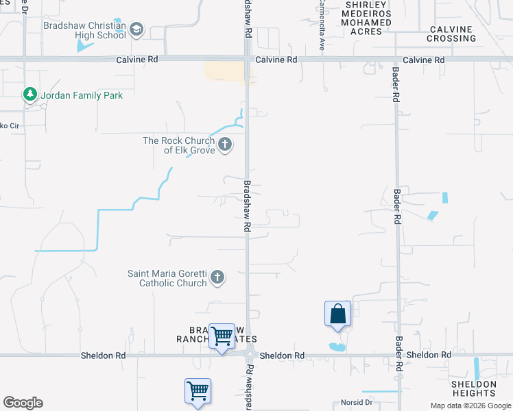 map of restaurants, bars, coffee shops, grocery stores, and more near 8595 Bradshaw Road in Elk Grove