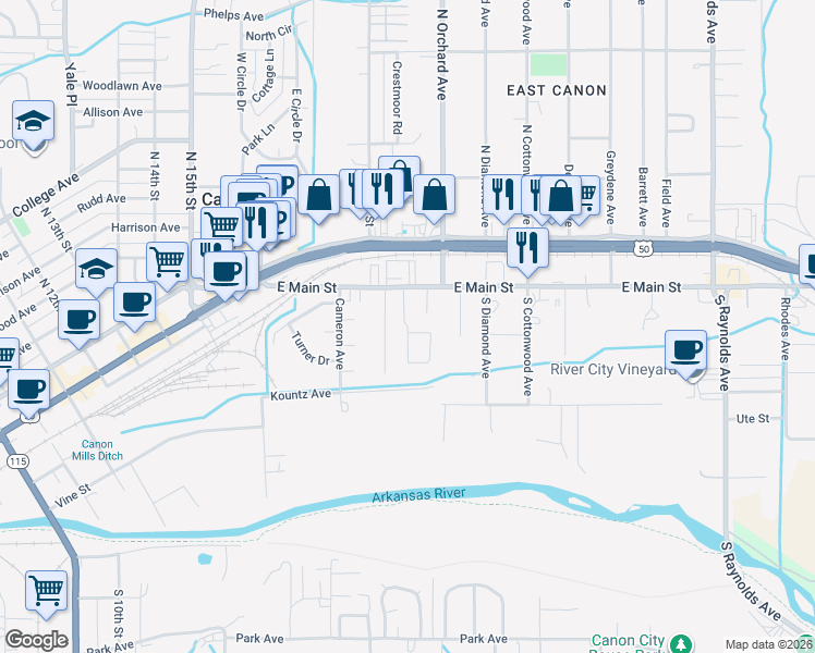 map of restaurants, bars, coffee shops, grocery stores, and more near Weaver Lane in Cañon City