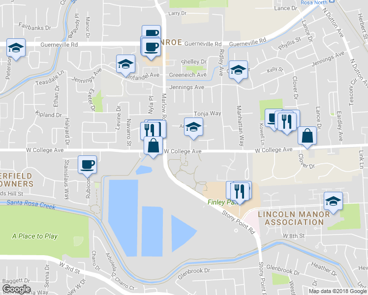 map of restaurants, bars, coffee shops, grocery stores, and more near 1979 West College Avenue in Santa Rosa
