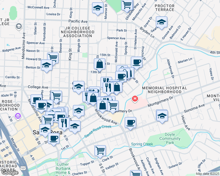 map of restaurants, bars, coffee shops, grocery stores, and more near in Santa Rosa