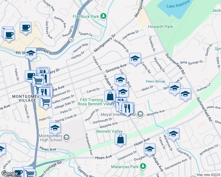 map of restaurants, bars, coffee shops, grocery stores, and more near 943 Yulupa Avenue in Santa Rosa