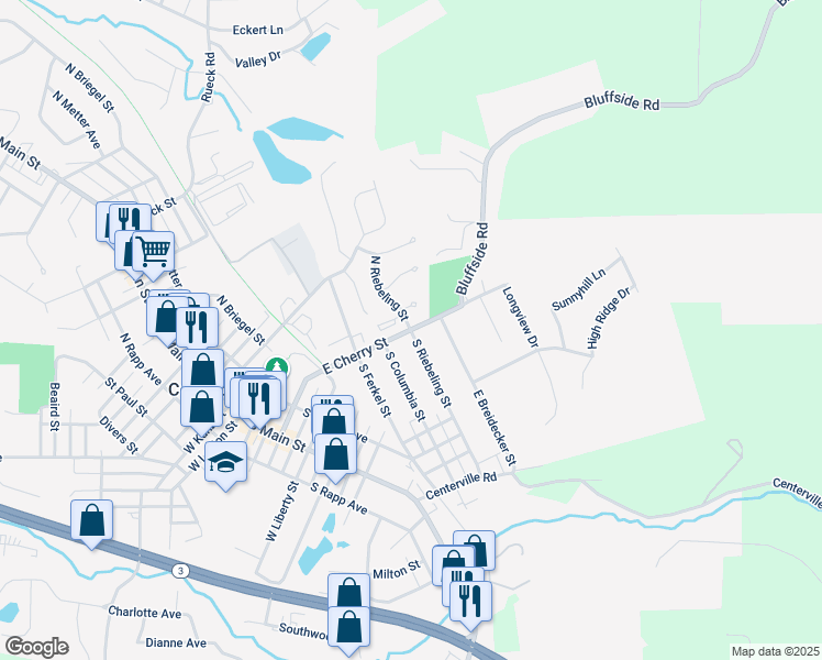map of restaurants, bars, coffee shops, grocery stores, and more near 207 South Riebeling Street in Columbia