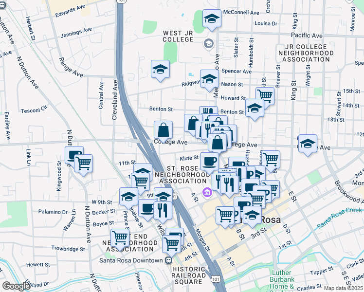 map of restaurants, bars, coffee shops, grocery stores, and more near 400 Lincoln Street in Santa Rosa