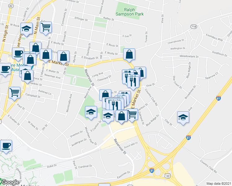 map of restaurants, bars, coffee shops, grocery stores, and more near 585 Hawkins Street in Harrisonburg