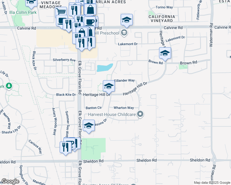 map of restaurants, bars, coffee shops, grocery stores, and more near 8690 Heritage Hill Drive in Elk Grove