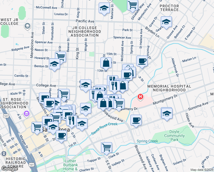 map of restaurants, bars, coffee shops, grocery stores, and more near 1232 College Avenue in Santa Rosa