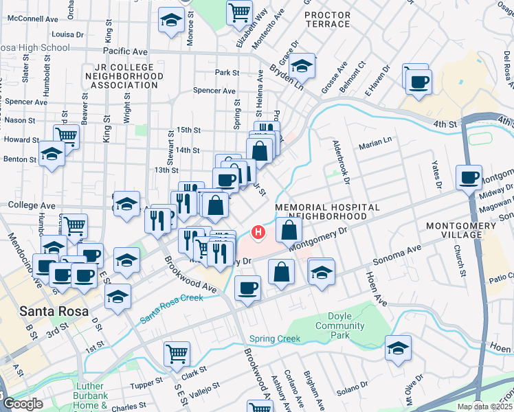 map of restaurants, bars, coffee shops, grocery stores, and more near 102 Stanford Street in Santa Rosa