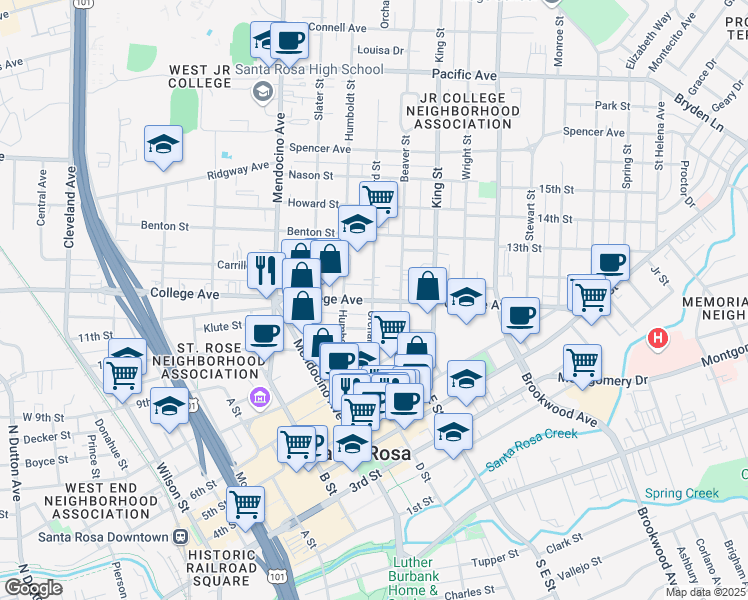 map of restaurants, bars, coffee shops, grocery stores, and more near 700 Orchard Street in Santa Rosa