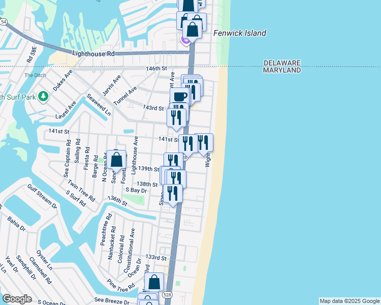 map of restaurants, bars, coffee shops, grocery stores, and more near 14000 Coastal Highway in Ocean City