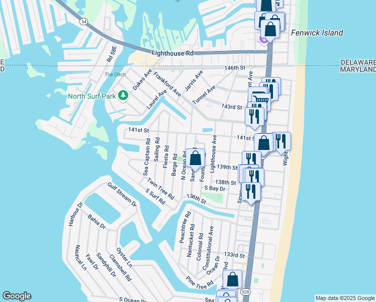 map of restaurants, bars, coffee shops, grocery stores, and more near 13902 Sand Dune Road in Ocean City