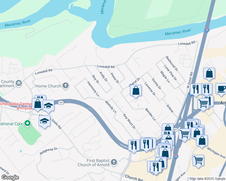map of restaurants, bars, coffee shops, grocery stores, and more near 1559 Florida Drive in Arnold