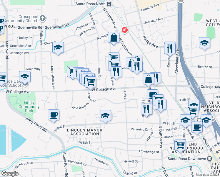 map of restaurants, bars, coffee shops, grocery stores, and more near 725 West College Avenue in Santa Rosa