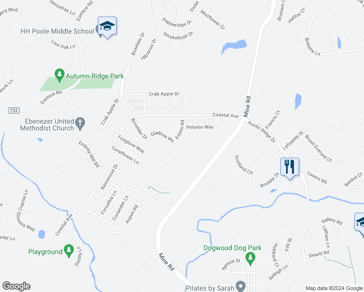 map of restaurants, bars, coffee shops, grocery stores, and more near 436 Gladiola Way in Stafford