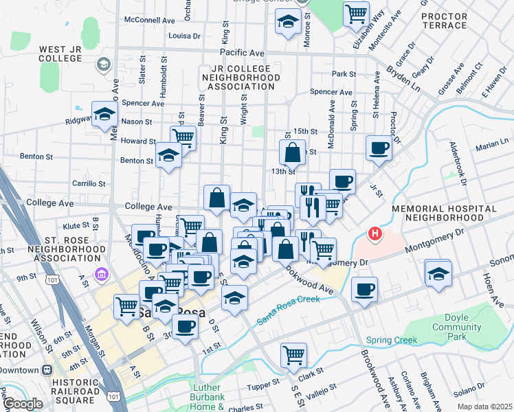 map of restaurants, bars, coffee shops, grocery stores, and more near 500 E Street in Santa Rosa