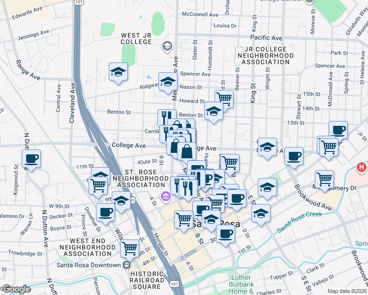 map of restaurants, bars, coffee shops, grocery stores, and more near College Avenue in Santa Rosa