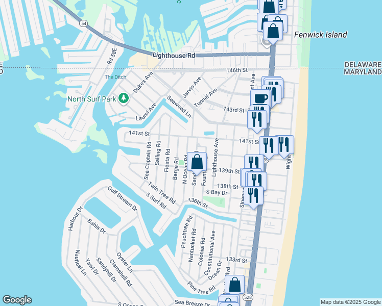 map of restaurants, bars, coffee shops, grocery stores, and more near 13902 Sand Dune Road in Ocean City