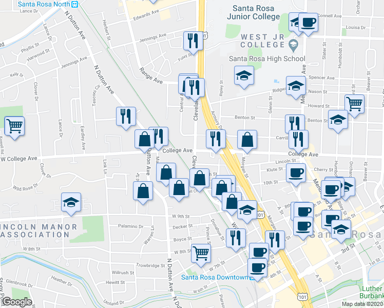 map of restaurants, bars, coffee shops, grocery stores, and more near 80 College Avenue in Santa Rosa