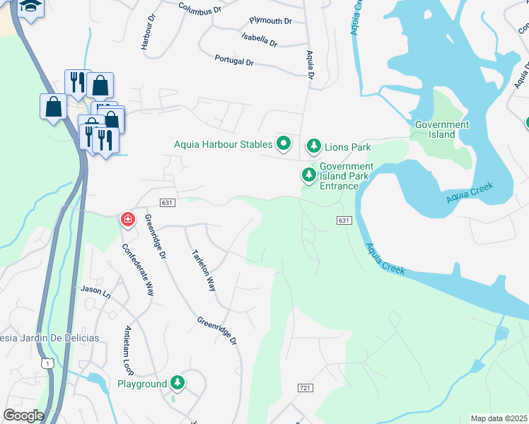 map of restaurants, bars, coffee shops, grocery stores, and more near 28 Edgecliff Lane in Stafford